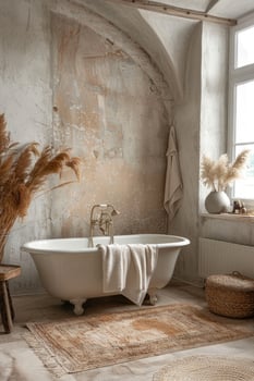 White bathroom interior with plants and flower. photo