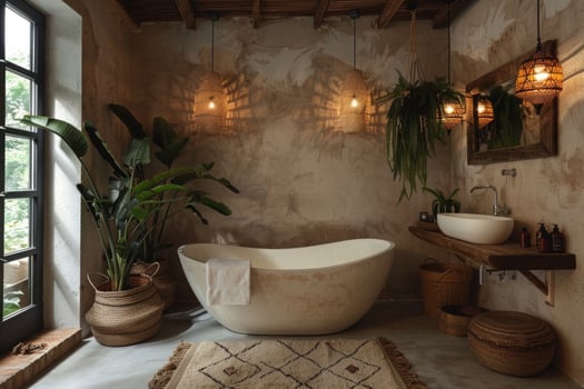 White bathroom interior with plants and flower. photo