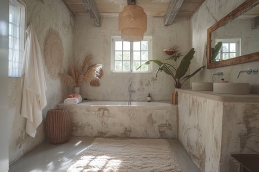 White bathroom interior with plants and flower. photo