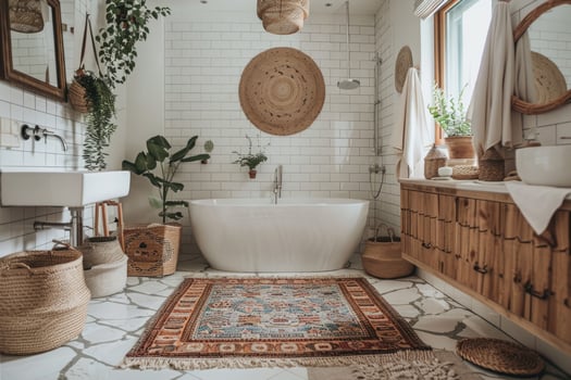 White bathroom interior with plants and flower. photo