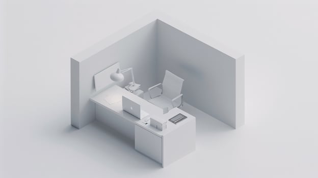 In the pristine white space, an isometric view unveils a cube-shaped box office, a microcosm of modern productivity photo