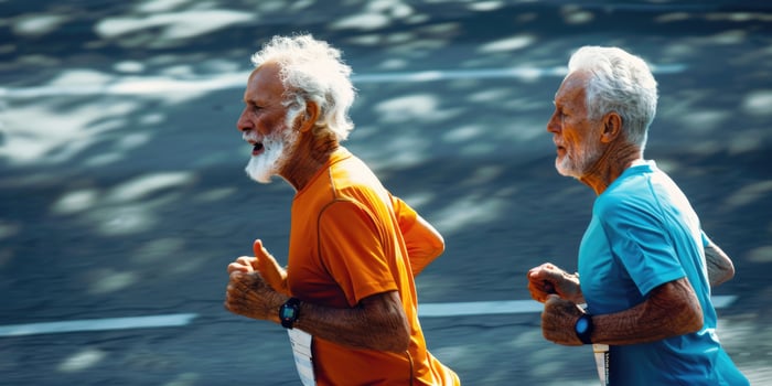 two mature men in summer sport clothes jogging. photo