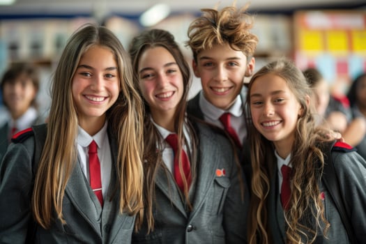 group of 4 smiling teenage students wearing uniform standing in classroom. photo