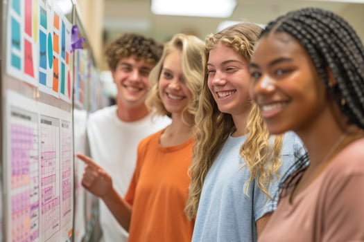 group of smiling teenage students wearing bright clothes standing in classroom. photo