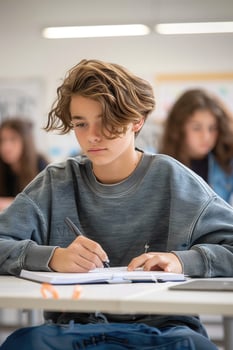teen boy writing exam in the classroom. photo