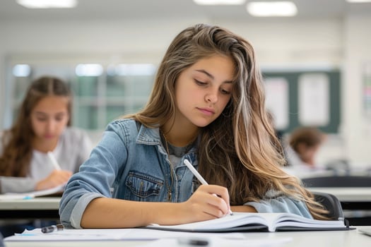 teen girl writing exam in the classroom. photo