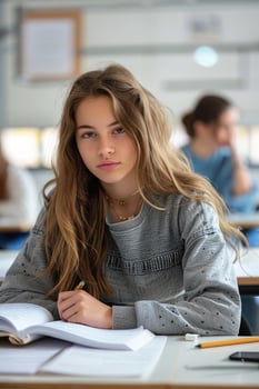 teen girl writing exam in the classroom. photo