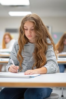teen girl writing exam in the classroom. photo