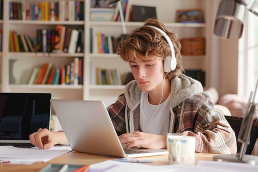 teenage boy sitting at the study desk writing homework. photo