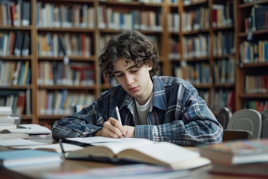 TEENAGE BOY SITTING AT THE DESK in the library WRITING homework. photo
