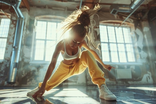 woman dancing breakdance in dancing studio. photo