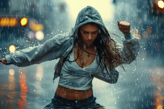 woman dancing hip hop in rain, sportive movements. photo