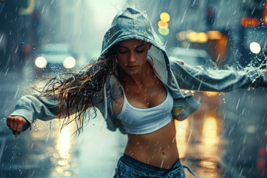 woman dancing hip hop in rain, sportive movements. photo