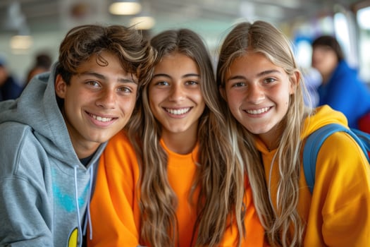 group of three happy teenage students in bright clothes. photo