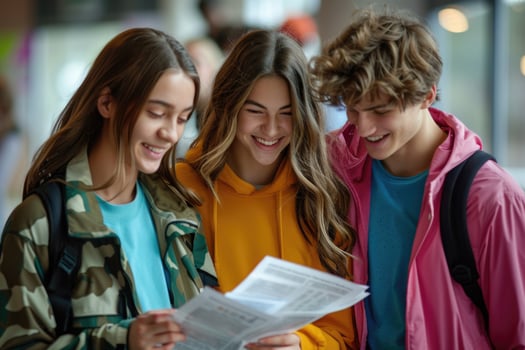 group of 3 smiling teenage students wearing bright clothes looking at the documents standing in classroom. photo