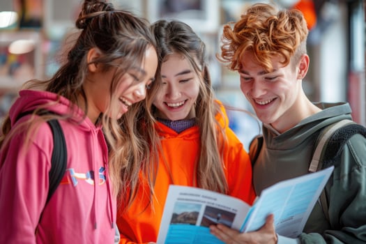 group of 3 smiling teenage students wearing bright clothes looking at the documents standing in classroom. photo