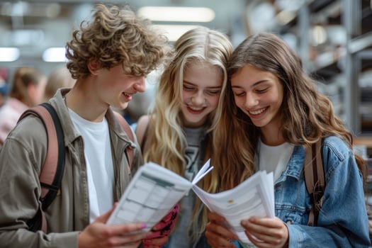 group of 3 smiling teenage students wearing bright clothes looking at the documents standing in classroom. photo