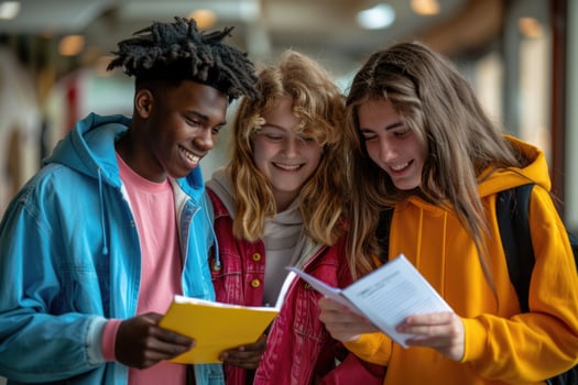 group of 3 smiling teenage students wearing bright clothes looking at the documents standing in classroom. photo