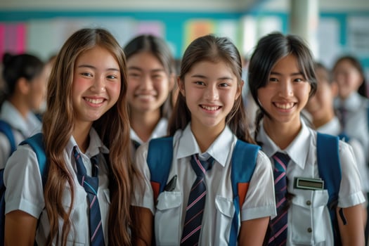 group of 4 smiling teenage students wearing uniform standing in classroom. photo