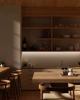 A modern, cosy kitchen with a hardwood dining table, kitchen counters, and a kitchen wall cabinet. photo