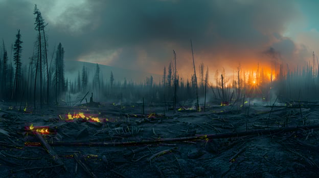 Forest fire aftermath, charred trees, smoky photo
