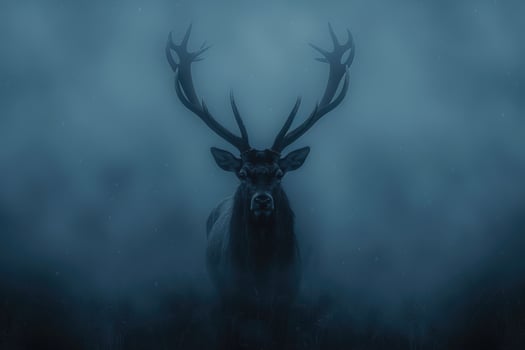 Majestic red deer stag with impressive antlers standing in a foggy forest landscape photo