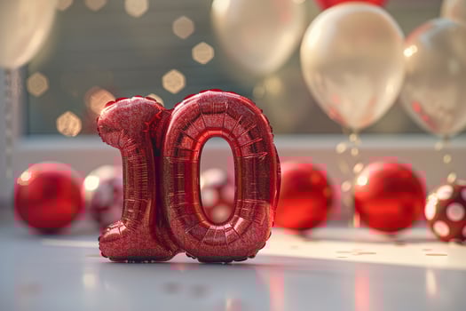 Vibrant, red and glossy number ten with blurred balloons on the background. Playful symbol 10. Invitation for tenth birthday celebration. Children, kids party. Greeting card, vertical. photo