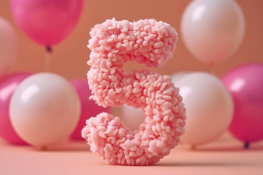 Pink, girlish and fluffy number five with blurred balloons on the background. Playful symbol 5. Invitation for fifth birthday celebration. Children, kids party. Greeting card design. photo