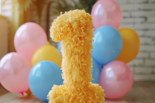 Vibrant, yellow and fluffy number one with blurred balloons on the background. Playful symbol 1. Invitation for first birthday celebration. Children, kids party. Greeting card design. photo