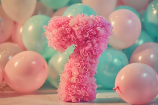 Pink, girlish and fluffy number seven with blurred balloons on the background. Playful symbol 7. Invitation for seventh birthday celebration. Children, kids party. Greeting card design. photo