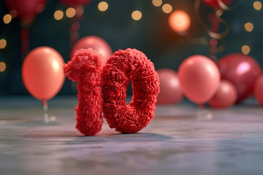 Vibrant, red and fluffy number ten with blurred balloons on the background. Playful symbol 10. Invitation for tenth birthday celebration. Children, kids party. Greeting card, vertical photo