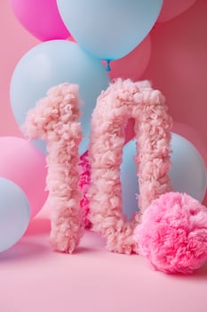Pink, girlish and fluffy number ten with blurred balloons on the background. Playful symbol 10. Invitation for tenth birthday celebration. Children, kids party. Greeting card, vertical. photo