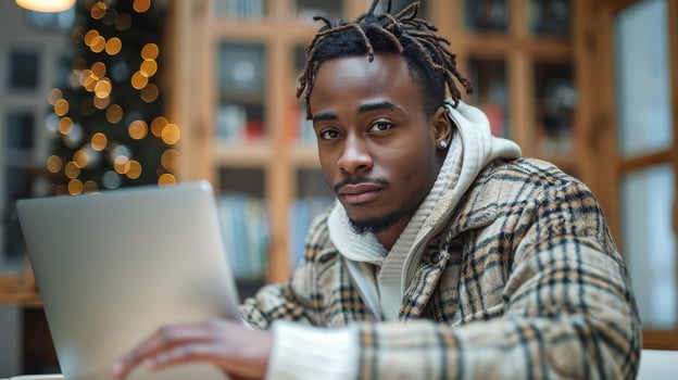 Young Man Working On Laptop During Festive Season In Library photo