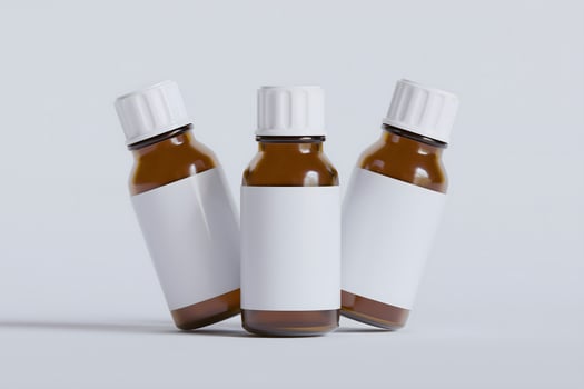 Packaging bottle brown color and white blank label for medicine, pill or supplement, cosmetic, chemical and etc on white background photo