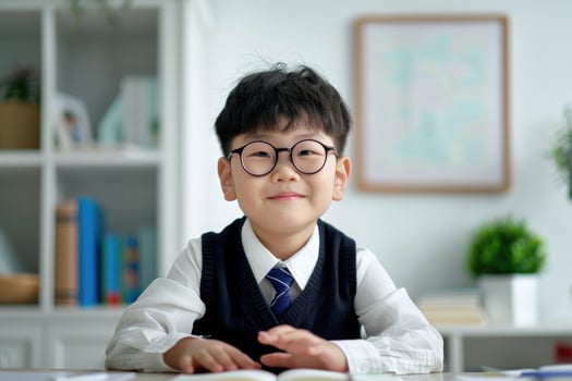 asian boy schoolboy in glasses sitting at table, school, studying, vision problem, vision correction, optics, ophthalmology photo