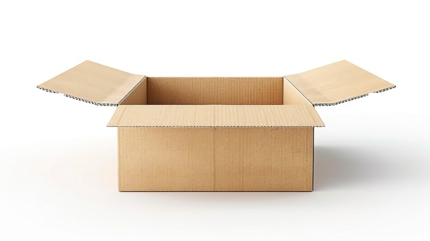 Open brown cardboard box isolated on white background, ideal for packaging, shipping, and storage purposes. photo