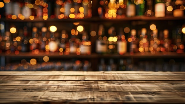 Empty rustic wooden table in front of a blurred background of a bar filled with bottles and warm lighting. photo