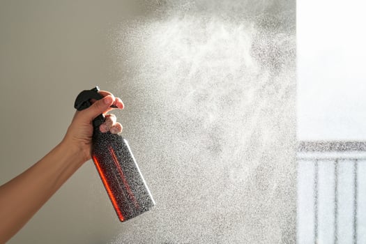 A woman's hand sprays an air freshener in a room. photo