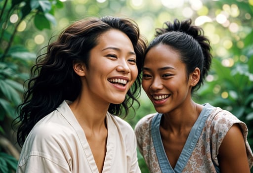 two different young female friends, an Asian woman with long hair and a dark-skinned one, laugh, showing wide smiles on a green vegetable background. High quality photo. photo