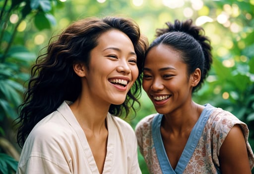 two different young female friends, an Asian woman with long hair and a dark-skinned one, laugh, showing wide smiles on a green vegetable background. High quality photo. photo