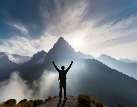 Silhouette of a man standing with his arms raised on a smoky mountain peak in the background. photo