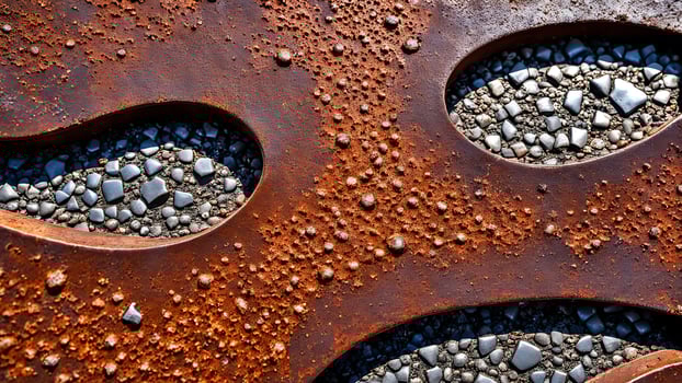 Close-up of a weathered, rusty metal surface with organic cutouts filled with small stones photo