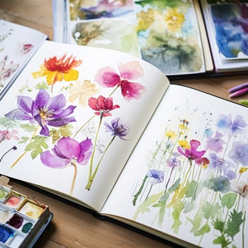 Watercolour painting of wildflowers in a sketchbook, surrounded by an array of watercolour paints and brushes on a wooden table, hobby and craft photo