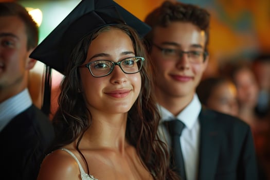 Happy young female student posing cheerfully at graduation ceremony wearing graduation hat. Generated by artificial intelligence photo