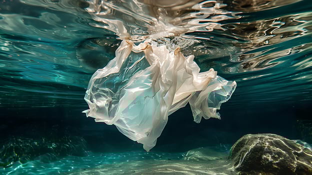 Plastic bag waste floats underwater, illuminated by sunlight filtering through the surface photo