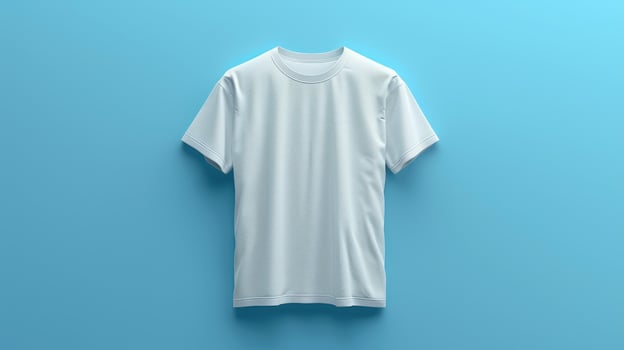 A simple white t-shirt displayed against a bright blue backdrop photo