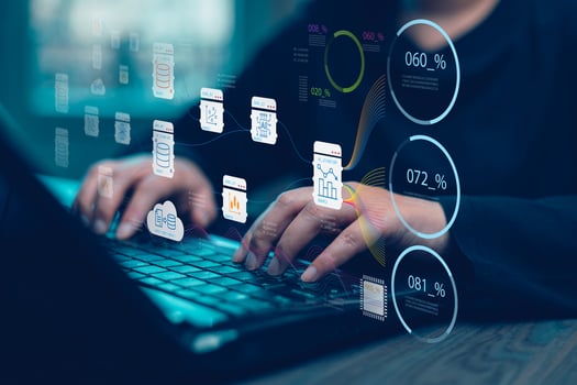 Businessman using a laptop with Analytics and Data Management Systems Analyst working in Business Analytics and Data Management Systems to make reports and corporate strategy for finance, operations photo