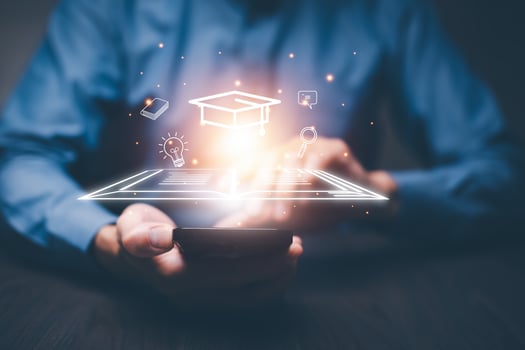 E-learning program certificate and online education learning workshop training.Male and female students icons virtual screen and lesson online classes on the internet. photo
