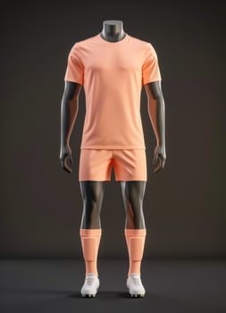 A clean, full-body mockup of a soccer uniform in a peach color photo