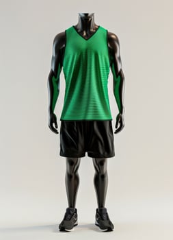 A black mannequin is wearing a green basketball jersey, black shorts, and athletic shoes photo